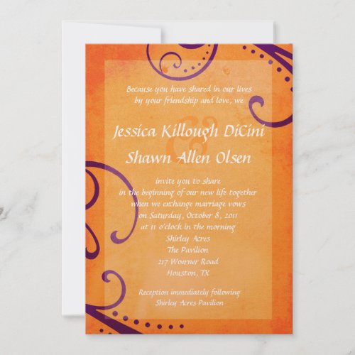 Textured Orange with Plum Swirls Wedding Invite