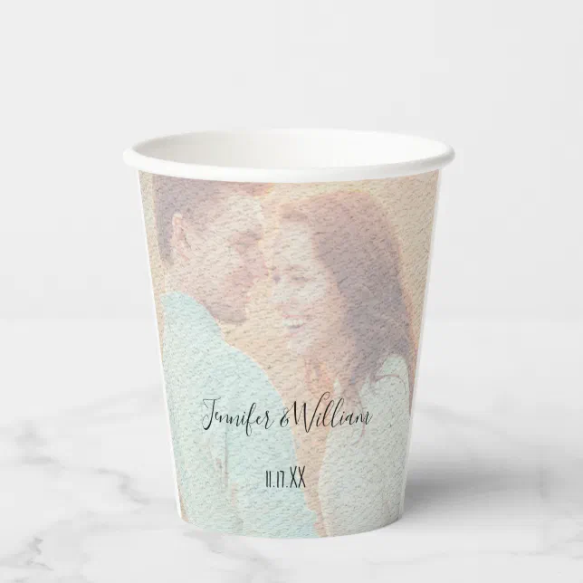 Textured Overlay Faded Photo Personalized Wedding Paper Cups | Zazzle