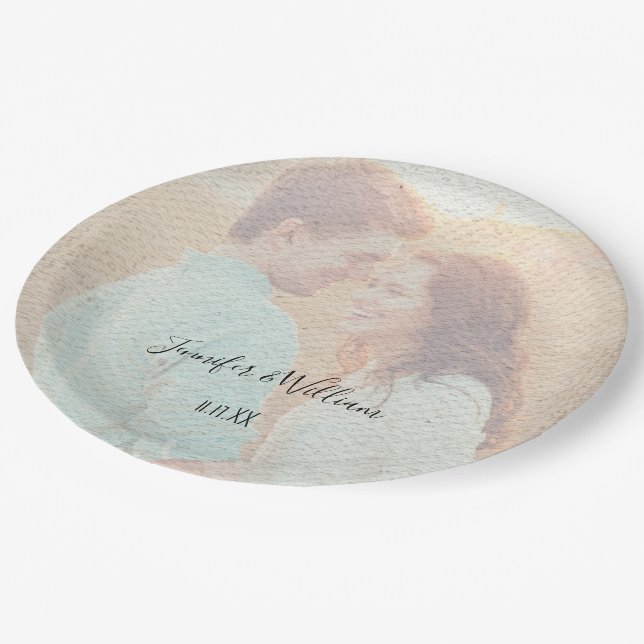 Textured Overlay Faded Photo Personalized Wedding Paper Plates (Angled)