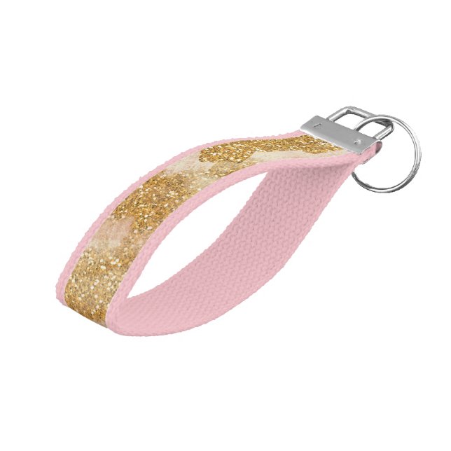 *~* Textured Pink Gold Glitter Distressed Golden Wrist Keychain (Angled Up)