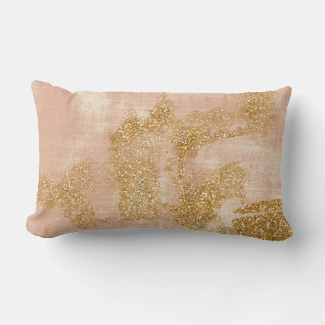 *~*  Textured Pink Golden Glitter Distressed Gold Lumbar Pillow (Front)