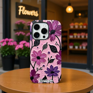 Textured Purple Flowers on Pink iPhone 16 Pro Case