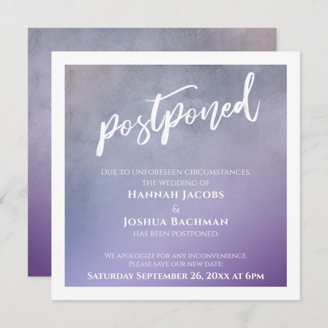 Textured Purple Ombre Postponed Wedding Card (Front/Back)