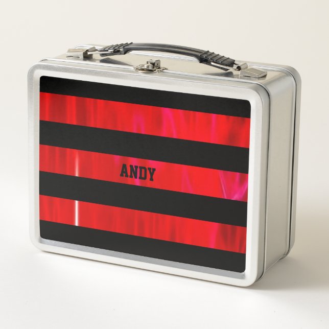 Textured red and black stripes metal lunch box (Front)