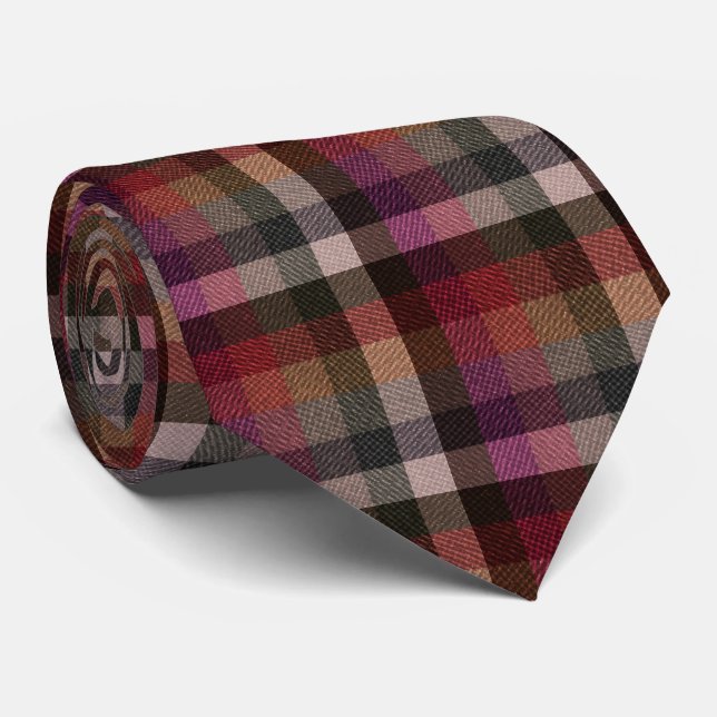Textured red, gray, raspberry checkered. neck tie (Rolled)