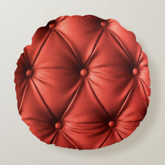 Textured Red Leather: Detailed Material Close-Up Round Pillow
