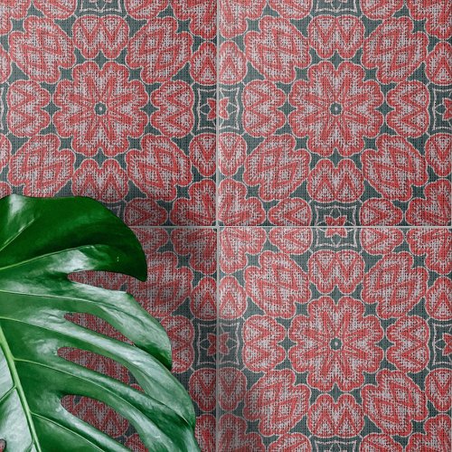 Textured Red White Gray Symmetrical Geometric Ceramic Tile