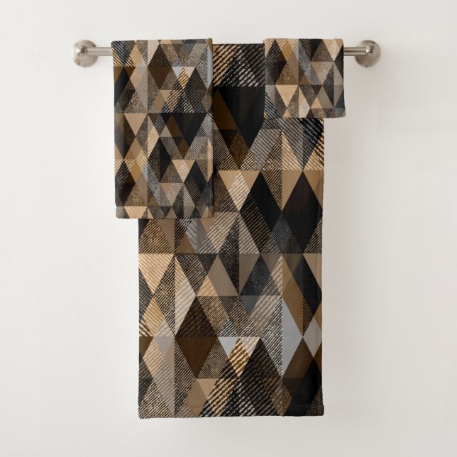 Textured rhombic brown with beige bath towel set (Insitu)