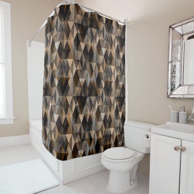 Textured rhombic brown with beige shower curtain (In Situ)