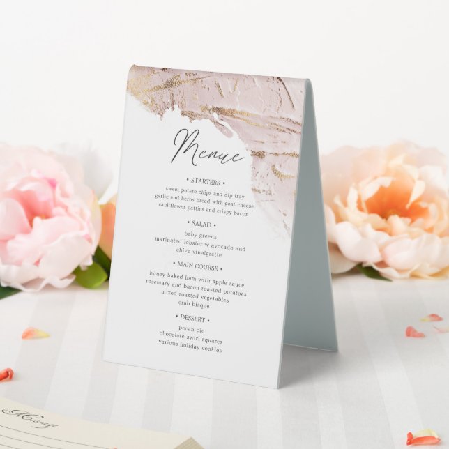 textured rose gold table number and wedding menu table tent (In SItu (Wedding))