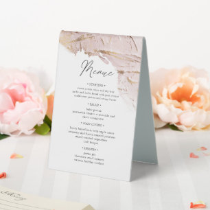 textured rose gold table number and wedding menu tent