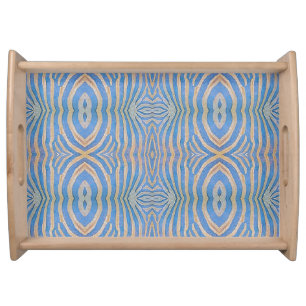 Textured, symmetrical blue and gold zebra pattern serving tray
