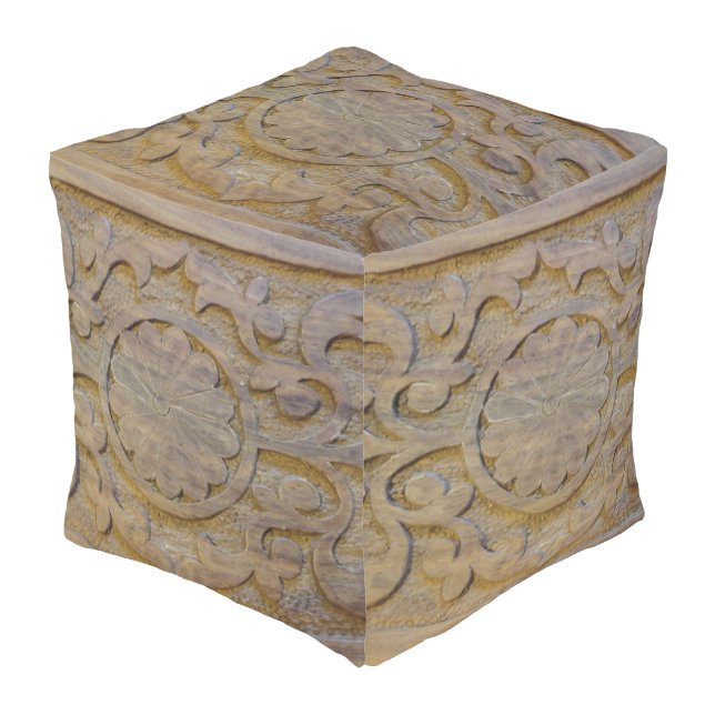 Textured Teak Wood Elegant Scroll Design Outdoor Pouf (Angled Front)