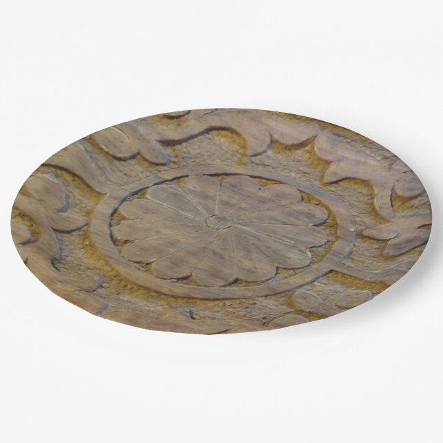 Textured Teak Wood Scroll Design Custom Paper Plates (Angled)
