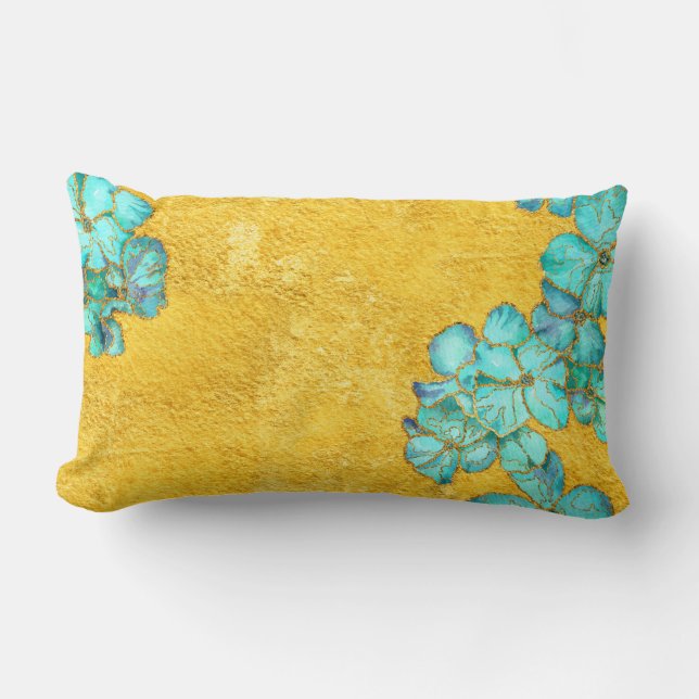 Textured Teal and Golden floral pattern Lumbar Pil Pillow (Front)
