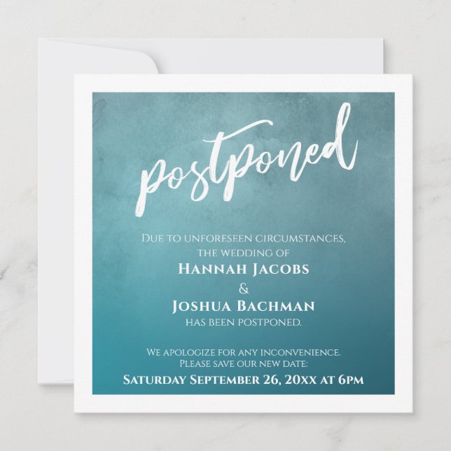 Textured Teal Ombre Postponed Wedding Card (Front)