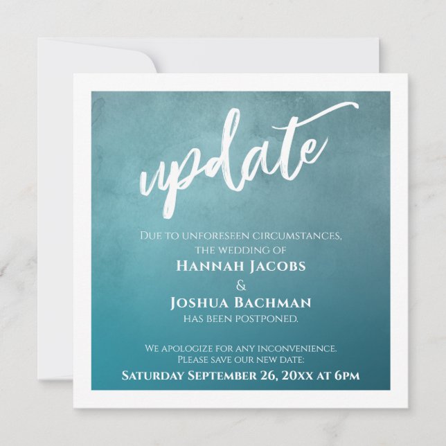 Textured Teal Ombre Postponed Wedding Update Card (Front)