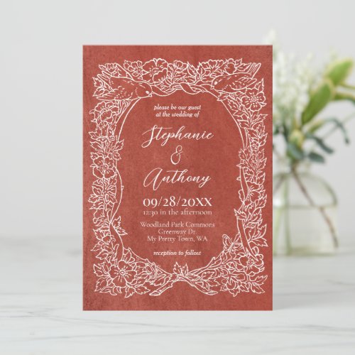 Textured Terracotta White Wildflower Bird Wedding Invitation