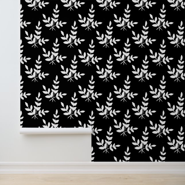 Textured Wallpaper Black w/White Flower Design Wallpaper (Application)