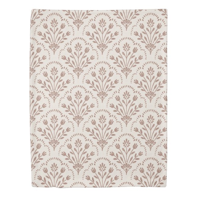 Textured Warm Brown Floral Scallop Pattern Duvet Cover (Front)
