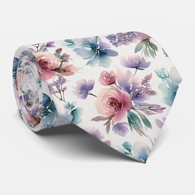 Textured Watercolor Gradient Floral Pattern Neck Tie (Rolled)