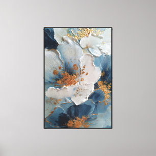 Textured White and Blue Flowers with Gold Canvas Print