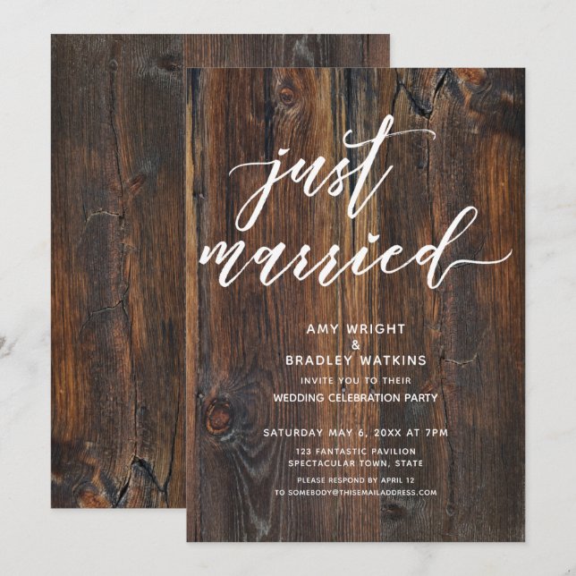 Textured Wood Handwriting Just Married Typography Invitation (Front/Back)