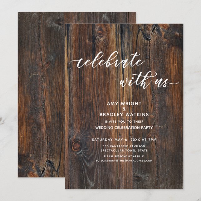Textured Wood Handwriting Script Celebrate with Us Invitation (Front/Back)
