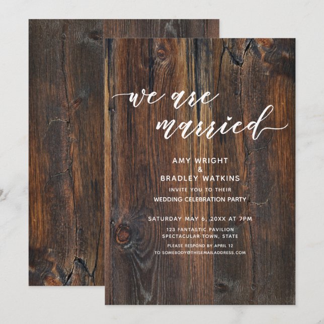 Textured Wood Handwriting We Are Married Reception Invitation (Front/Back)