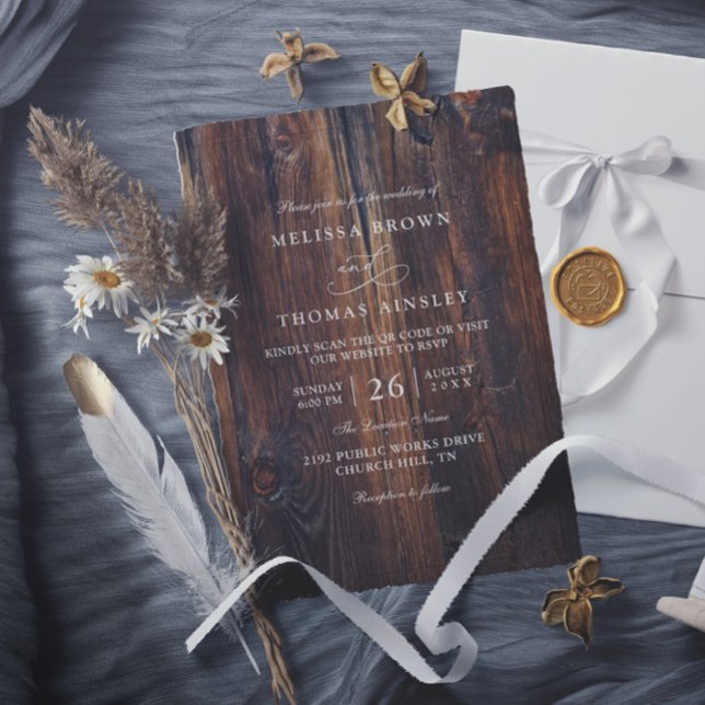 Textured Wood Rustic Country QR Code Wedding Invitation (Creator Uploaded)