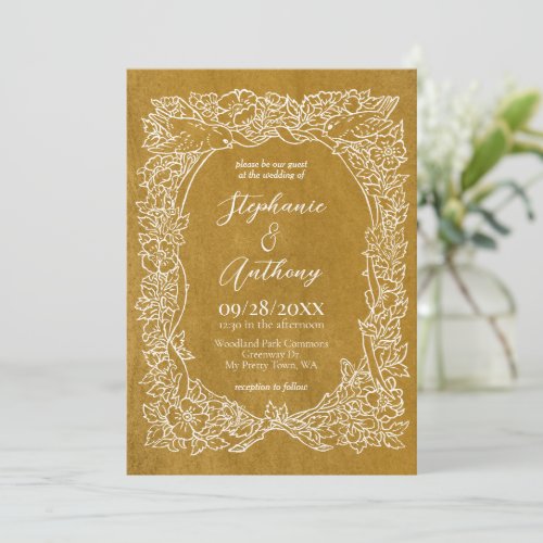 Textured Yellow Gold White Wildflower Bird Wedding Invitation