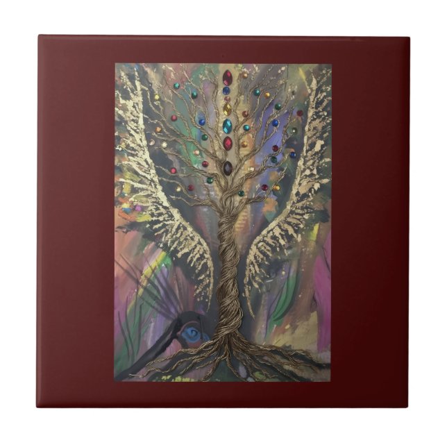 Th Divine Tree Of Life celestial wings and jewels  Ceramic Tile (Front)