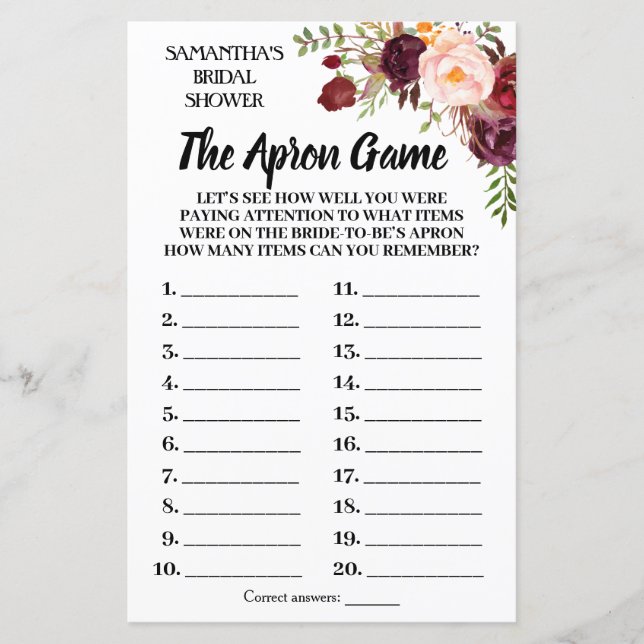 Tha Apron bridal shower game english spanish (Front)