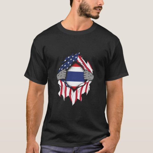 Thai American Flags Hands Ripping Flag on Chest  T_Shirt