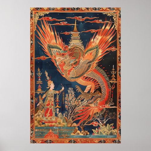 Thai Dragon and Phoenix Art Print Traditional