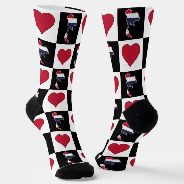 Thai Flag Heart Pattern Thailand National Pride Socks (Angled)