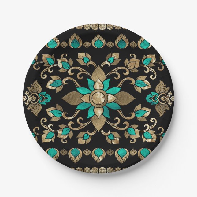 Thai Ornament - Gold and Teal Paper Plates (Front)
