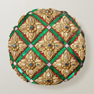 Thai pattern inside wall of Thai templethailand, a Round Pillow