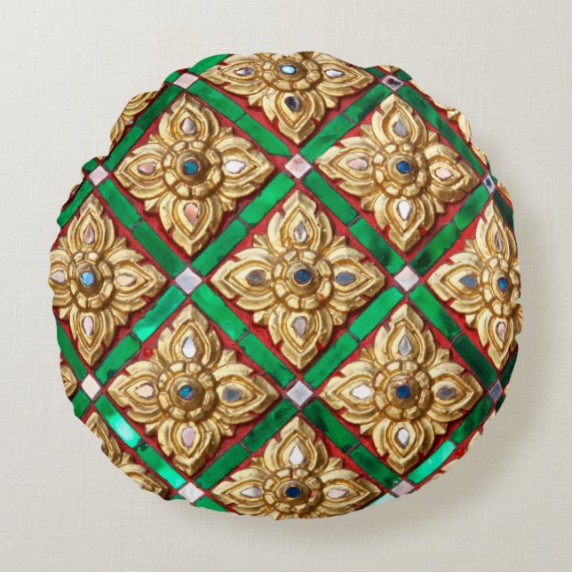 Thai pattern inside wall of Thai templethailand, a Round Pillow (Front)