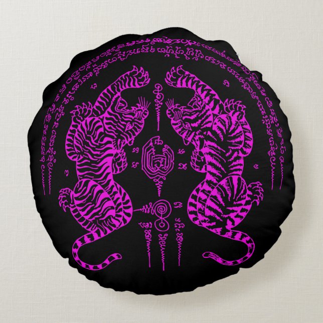Thai Tattoo Designs Tiger " Yant Suea Koo " Pink Round Pillow (Back)