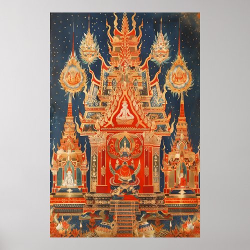 Thai Temple Art Print Traditional Buddhist Red and