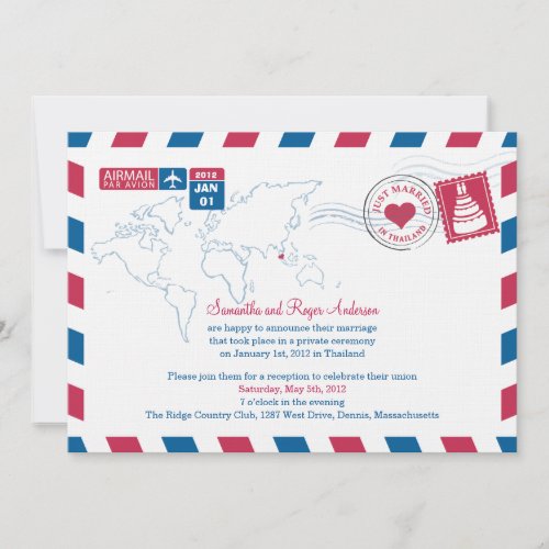 Thailand Air Mail Post Wedding Reception Custom Invite