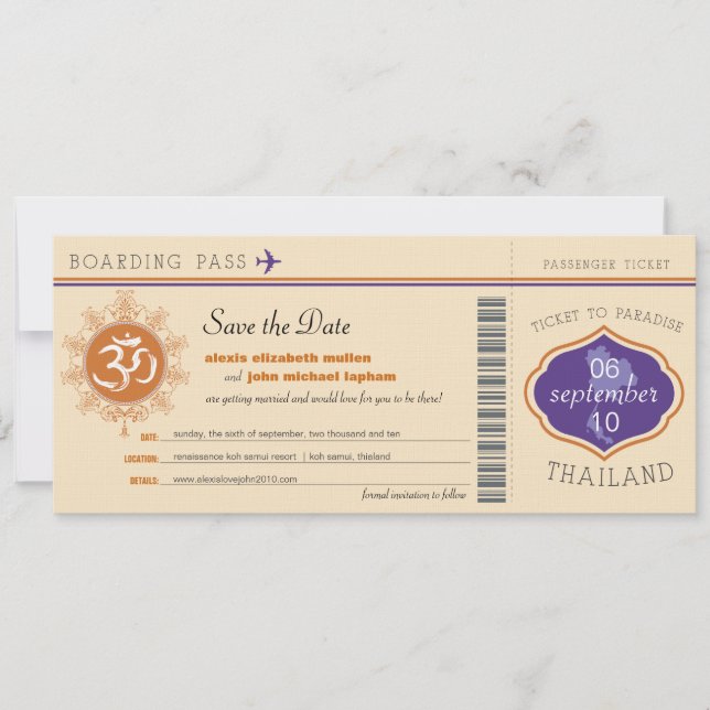 Thailand Boarding Pass Save the Date (Front)