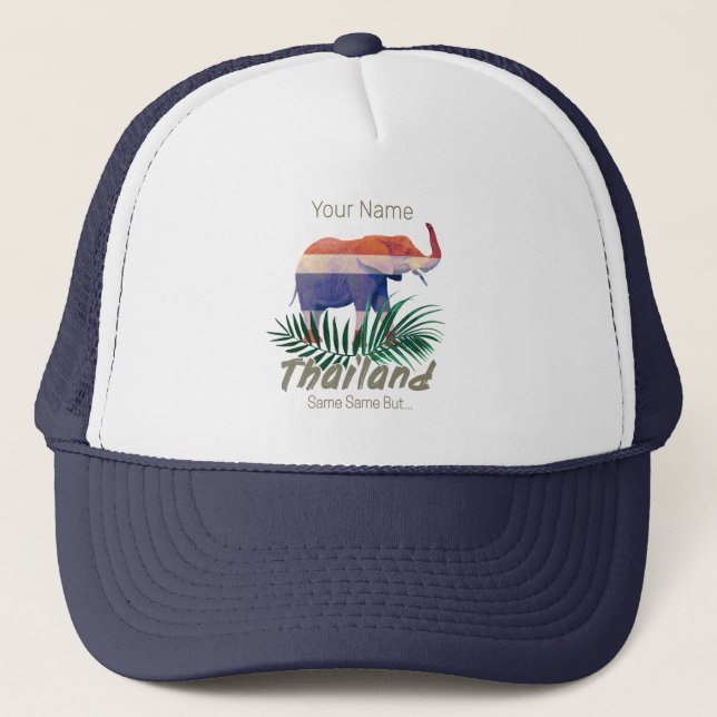 Thailand Elephant Flag Jungle Leaves Thai Souvenir Trucker Hat (Front)