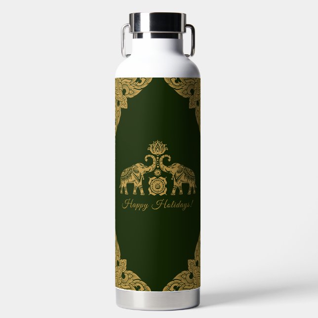 Thailand Elephant Happy Holidays Gift Gold & Green Water Bottle (Front)