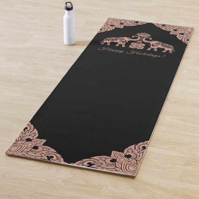 Thailand Elephant Happy Holidays Gift Pink & Black Yoga Mat (In Situ)