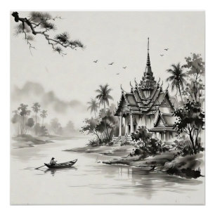 Thailand Ink Wash Landscape Poster