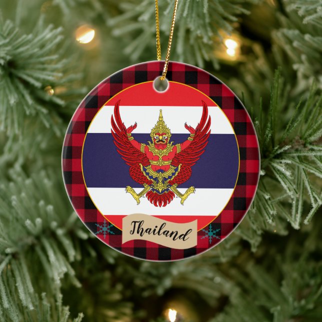 Thailand, Red buffalo plaid & Thai Flag Ceramic Ornament (Tree)