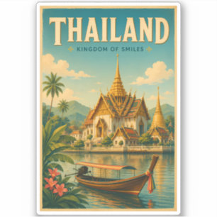 Thailand Temple Illustration Travel Art Vintage Sticker