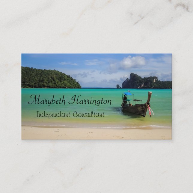 Thailand Travel Beach Photo with Fishing Boat Business Card (Front)